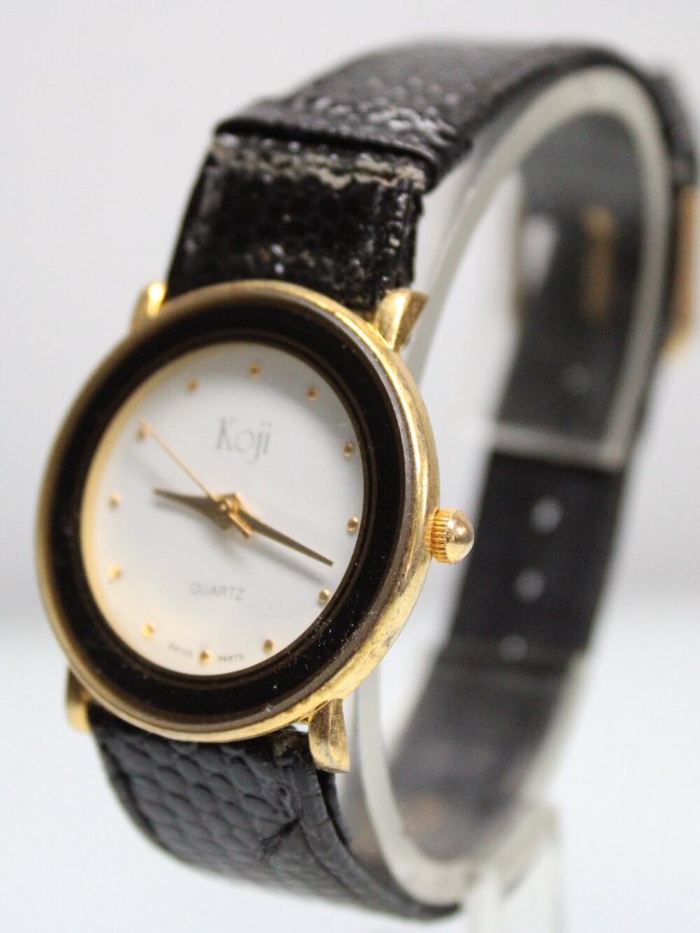 Koji Quartz Watch Swiss Parts Gold Tone White Dial Black Leather Band
